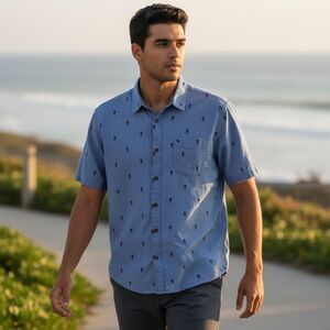 VANS Blue Button-down Shirt with Palm Tree Print mens XL